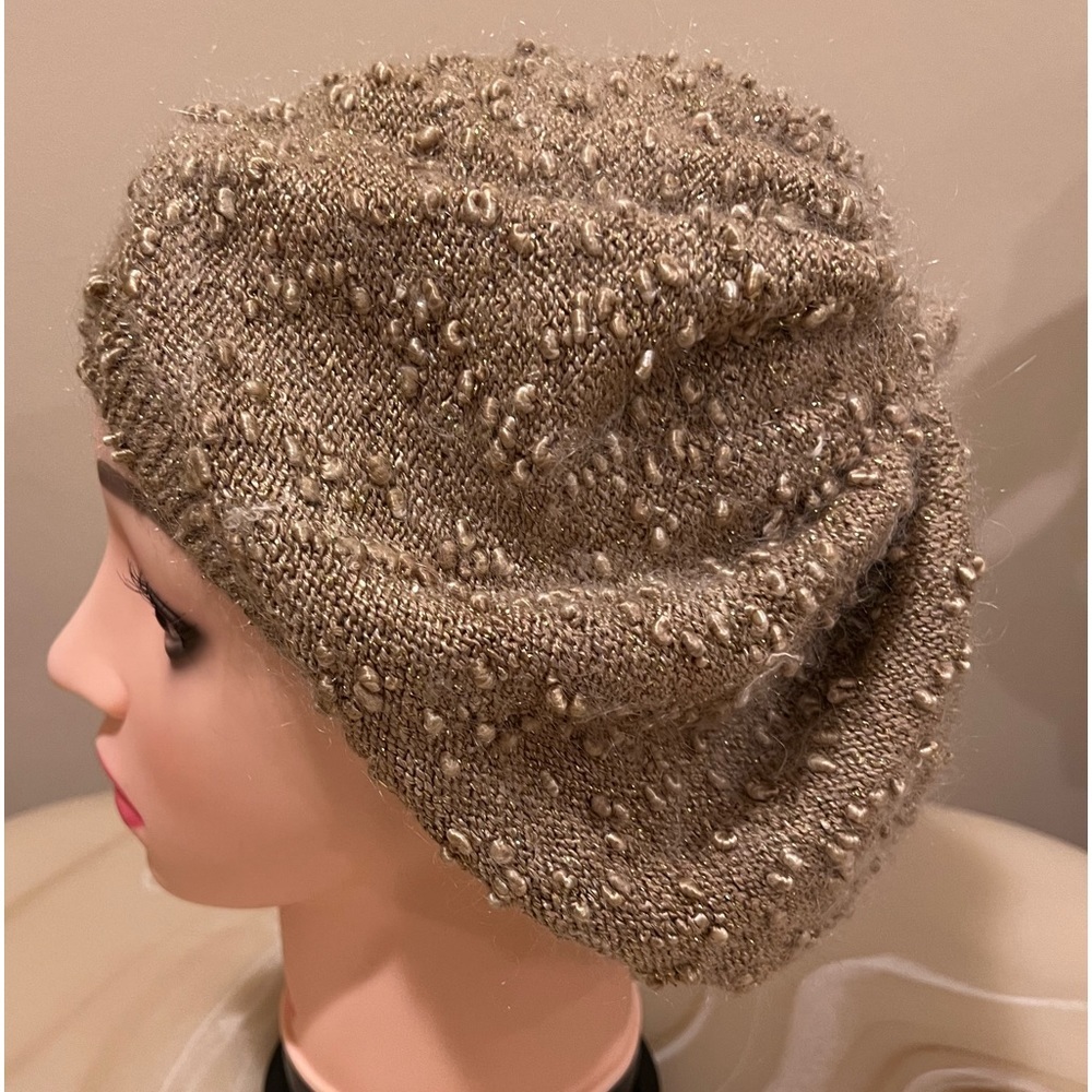 Handmade Knitted Beret Hat Boho Slouchy Beanie Taupe Brown Textured Boucle